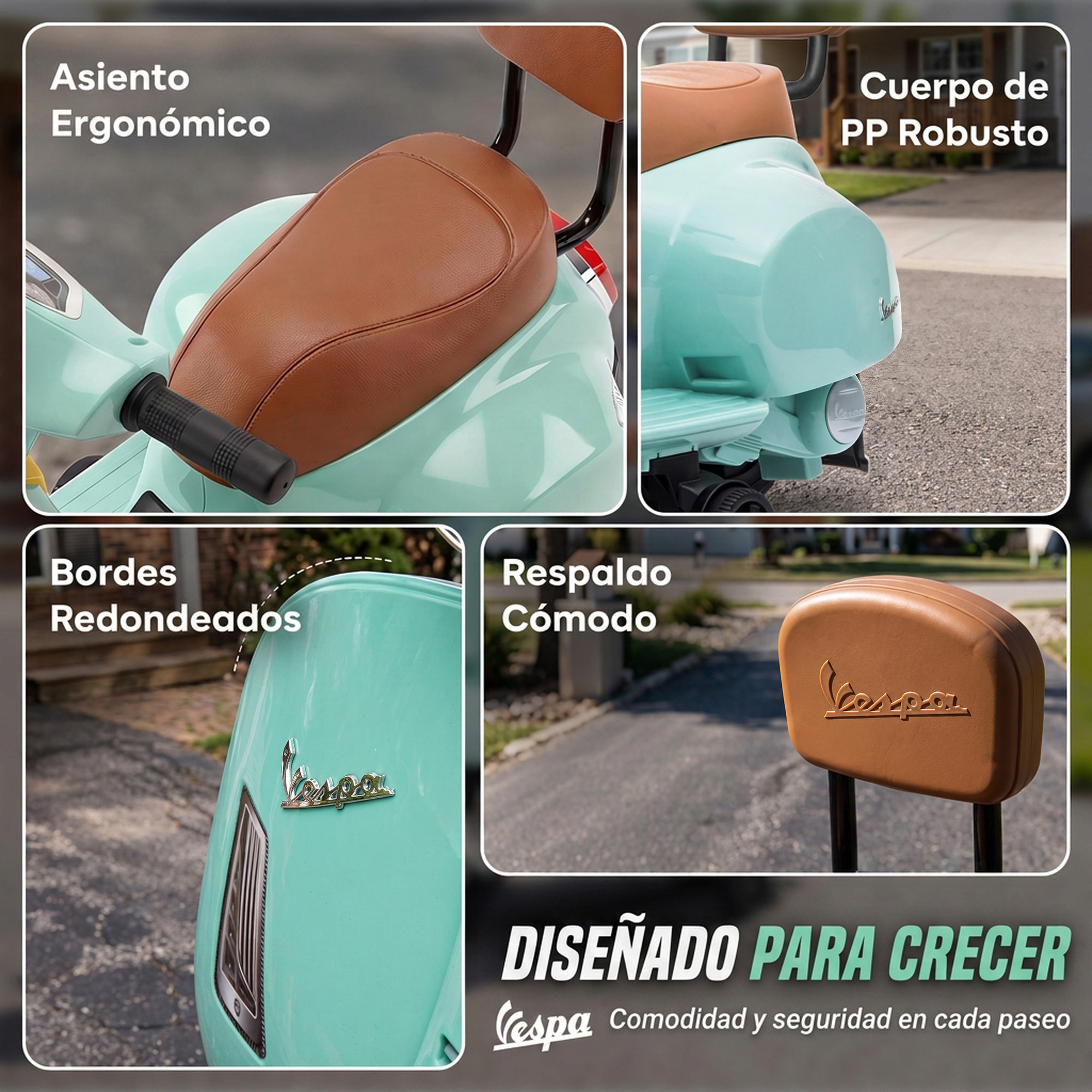 Moto Eléctrica para Niños Licencia Mini Vespa GTS 6V, Moto Eléctrica Infantil con 2 Ruedas Auxiliares, Batería de Litio, Faro, Bocina, Respaldo, 2,5 km/h, Avance y Atrás, 18-36 Meses, Verde