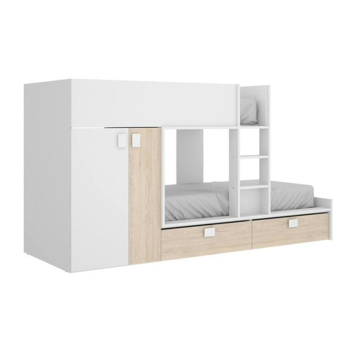 Letto per bambini Breithorn, Cameretta completa con armadio e cassetti, Composizione letto a castello con due lettini singoli, 275x108h150 cm, Bianco e Rovere