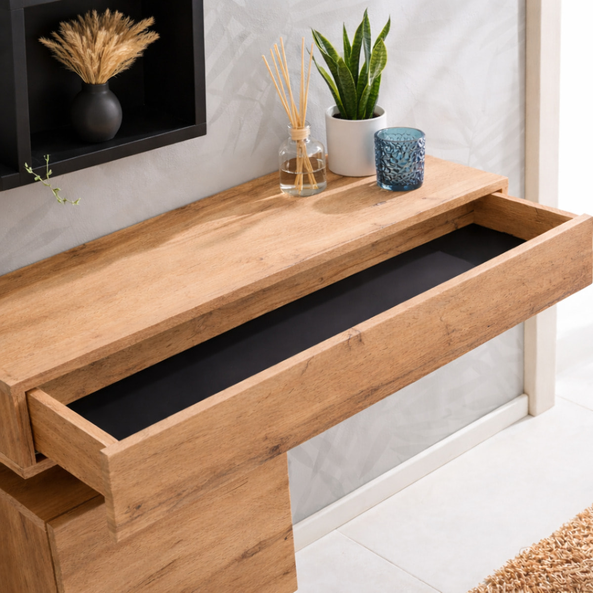 Mobile Ingresso Moderno Con Pensili A Giorno Mensole Sospese Con Cassetto E Anta Salvaspazio Design Nordico 100 x 170 x 30 Cm Nero E Rovere