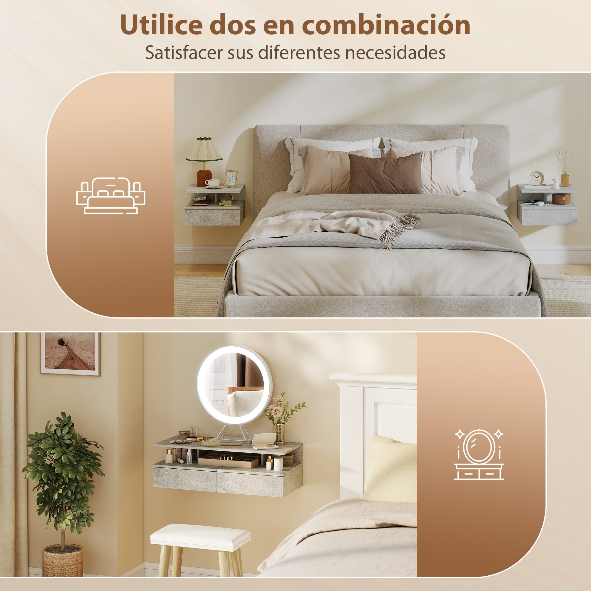 Juego de 2 Mesitas de Noche Flotantes, Mesillas de Noche Dormitorio con Cajón, Estante Abierto, Ahorra Espacio, Diseño Moderno, para Sala de Estar, 35x32x22,5 cm, Gris