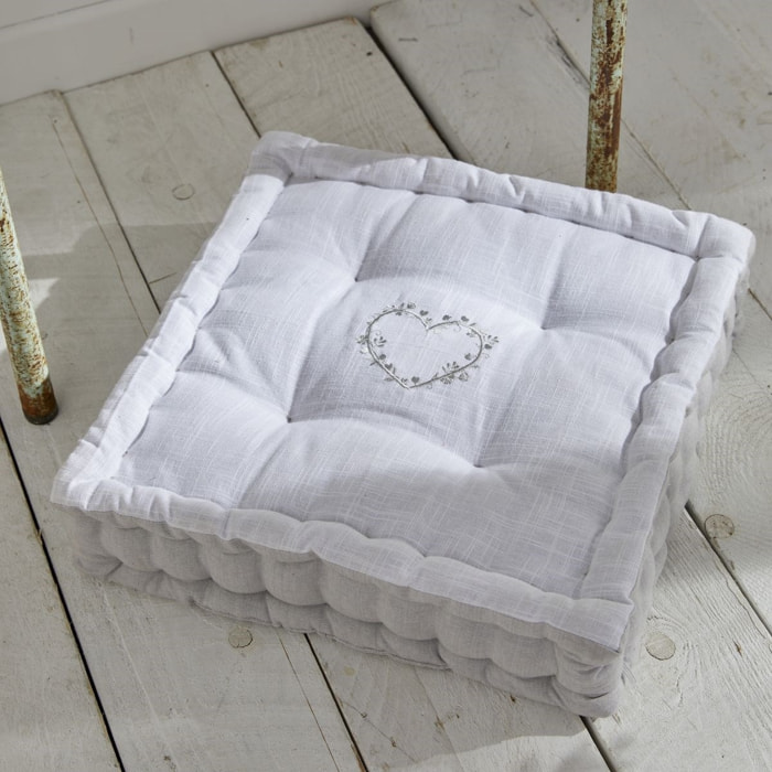 Coussin de sol avec broderies coton uni CHARME gris clair