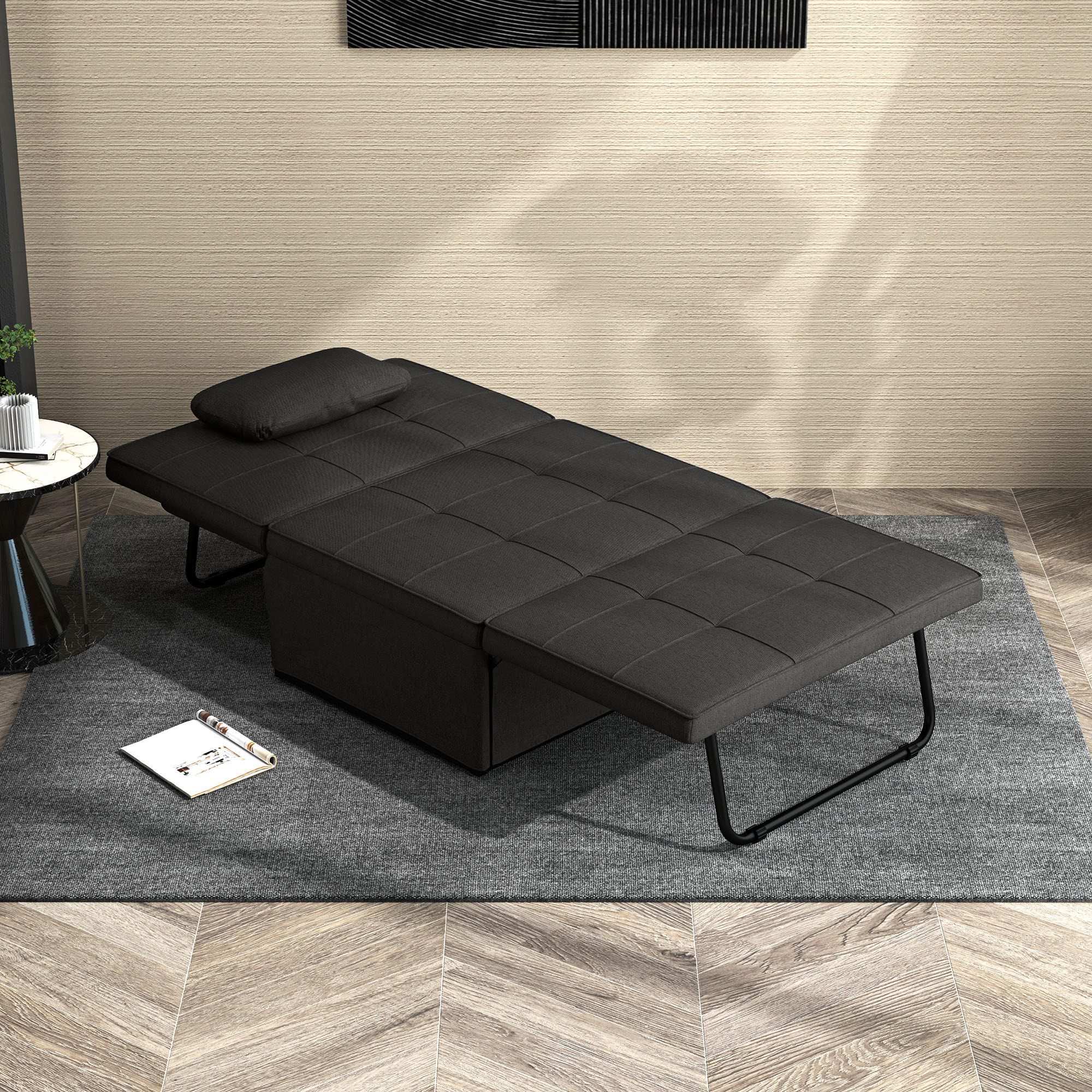 Sofá Cama Plegable 3 en 1 Sofá Cama de 1 Plaza Tapizado en Lino Sofá Cama Convertible con Respaldo Ajustable en 5 Posiciones Reposapiés y Reposacabezas Carga 200 kg Negro