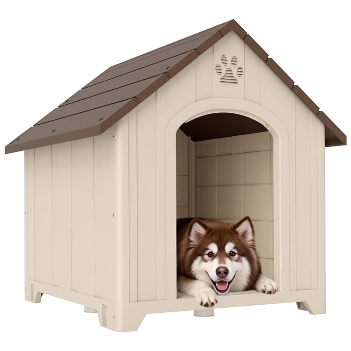 Caseta para Perros Exterior, Casa para Perros Extragrandes de Plástico Impermeable con 2 Ventanas, Base Elevada, Estacas, Fácil de Montar, 102x94x103 cm, Beige