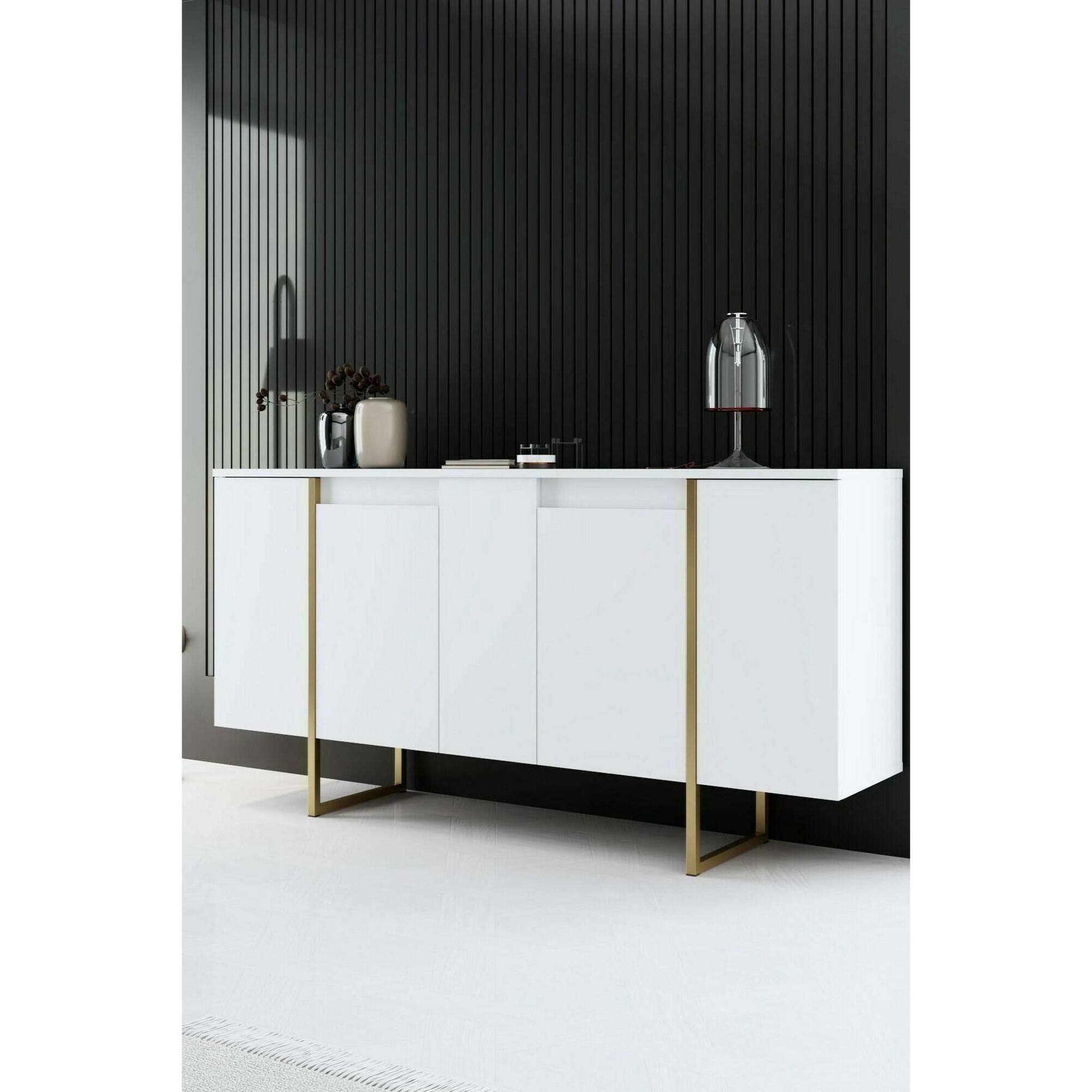 Credenza Dgarzitt, Buffet da soggiorno, Madia da salotto, Dispensa da cucina, 160x35h80 cm, Bianco e Oro