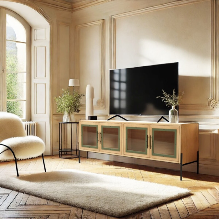 HELENA - Meuble TV 4 portes vitrées encadrement vert pin et métal noir