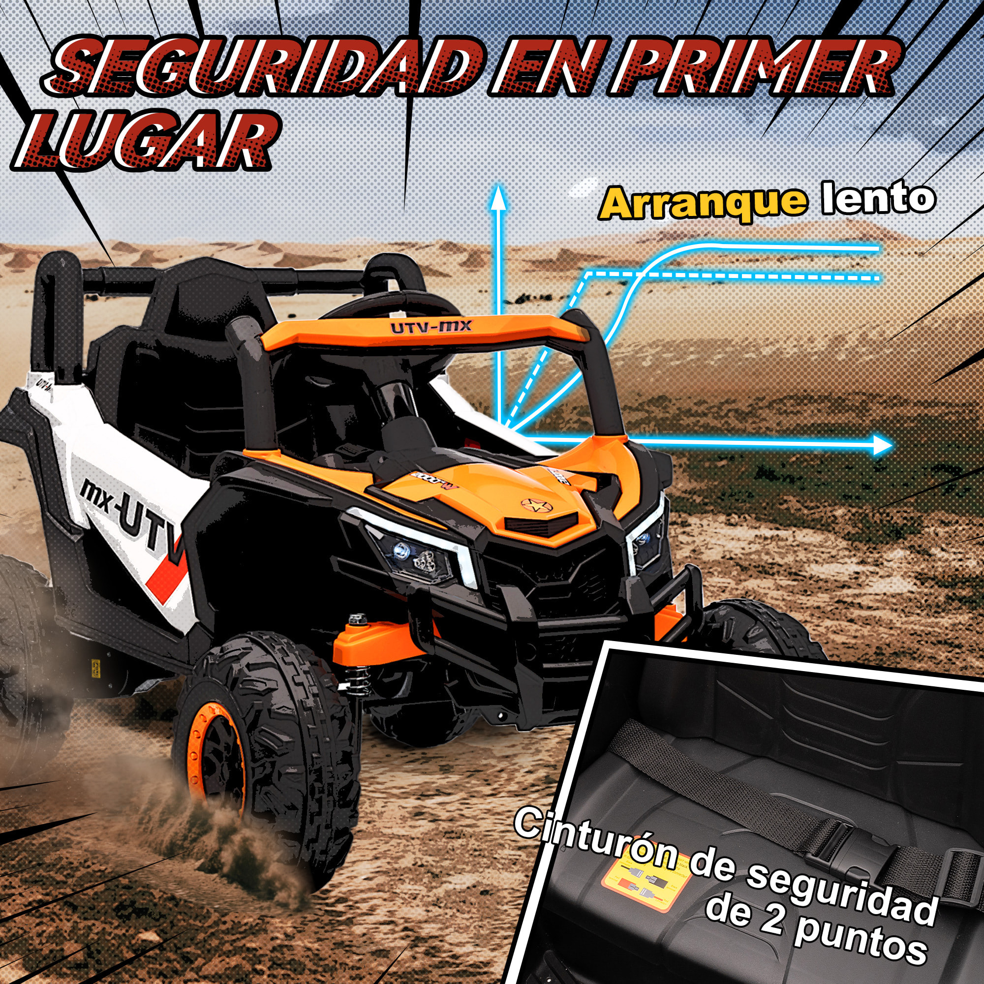 Coche Eléctrico para Niños 12V, Coche de Batería UTV con 2 Motores, Control Remoto 2,4G, Velocidad hasta 7 km/h, Sistema de Suspensión, Faros, USB, para Niños de +3 Años, Naranja