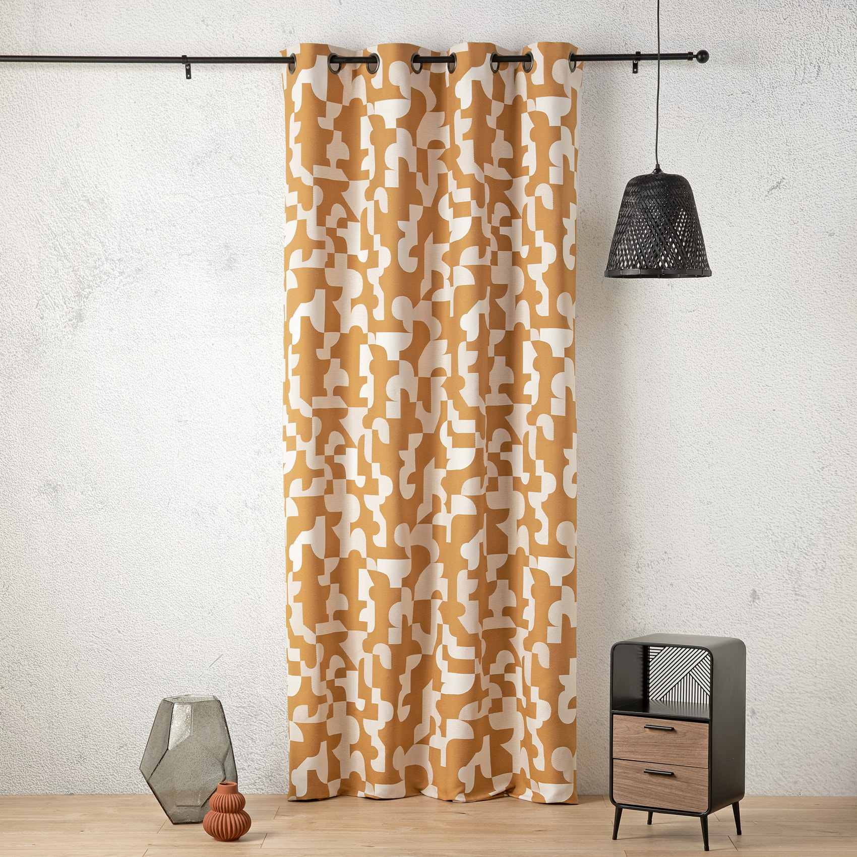 Rideau jacquard géométrique texturé rétro - Jaune moutarde