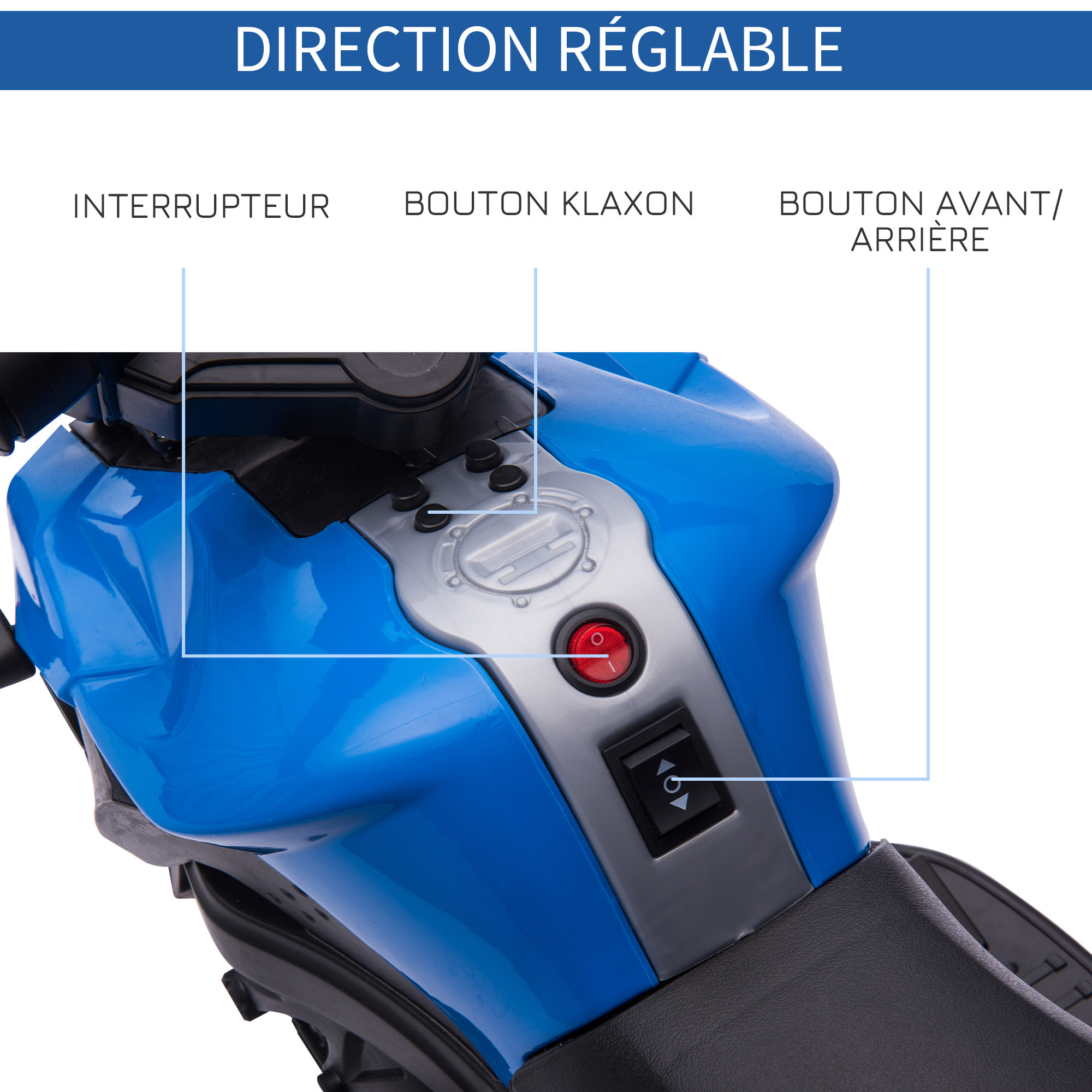 Moto électrique enfant 6 V 3 Km/h effet lumineux et sonore roulettes amovibles repose-pied valises latérales métal PP bleu noir