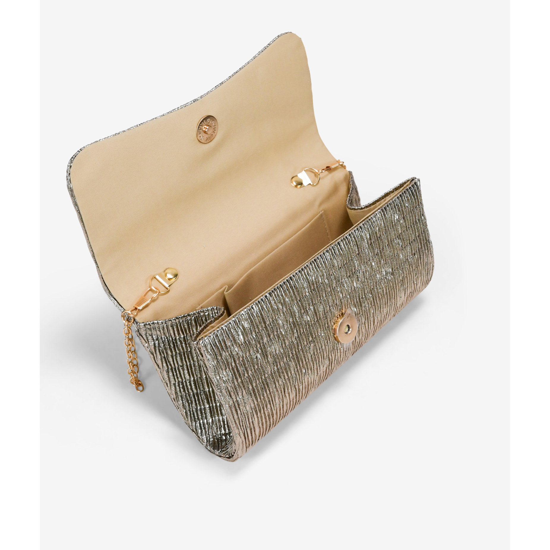 Bolso de fiesta dorado con solapa plisada