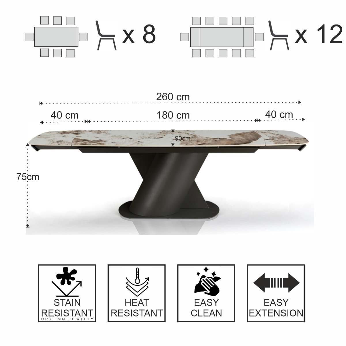Table à manger extensible Tomasucci JAN, en céramique, marbre onyx, noir, 180/220/260 × 90 × 75 cm