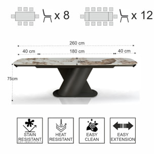 Table à manger extensible Tomasucci JAN, en céramique, marbre onyx, noir, 180/220/260 × 90 × 75 cm