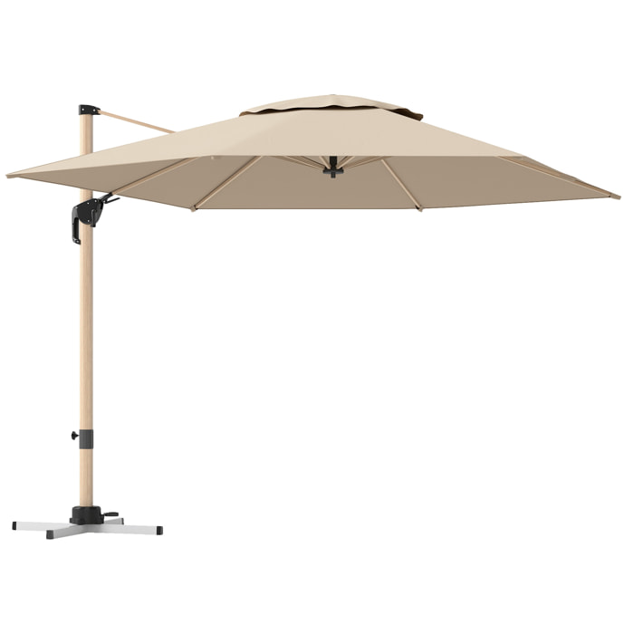 Parasol déporté hexagonal inclinable pivotant dim. 4,2L x 3l x 2,7H m alu effet bois polyester anti-UV UPF50+ kaki