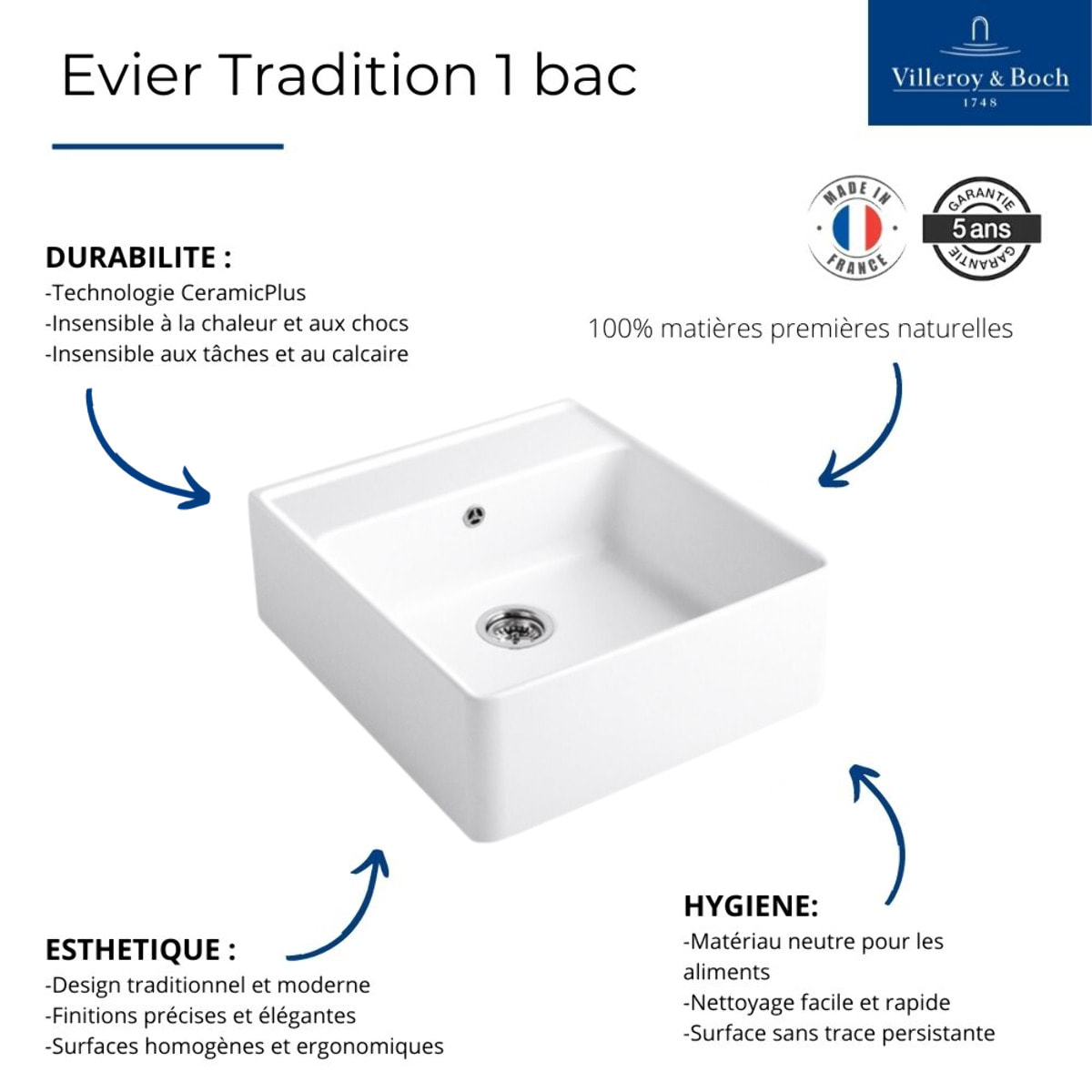 Evier Timbre d'office Tradition 1 cuve vidage auto + Robinet de cuisine Avia 2.0 Acier Massif