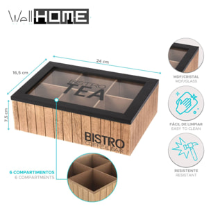 Well home caja de té con 6 compartimentos de diseño bistro en mdf con tapa de cristal 24x16,5x7,5cm