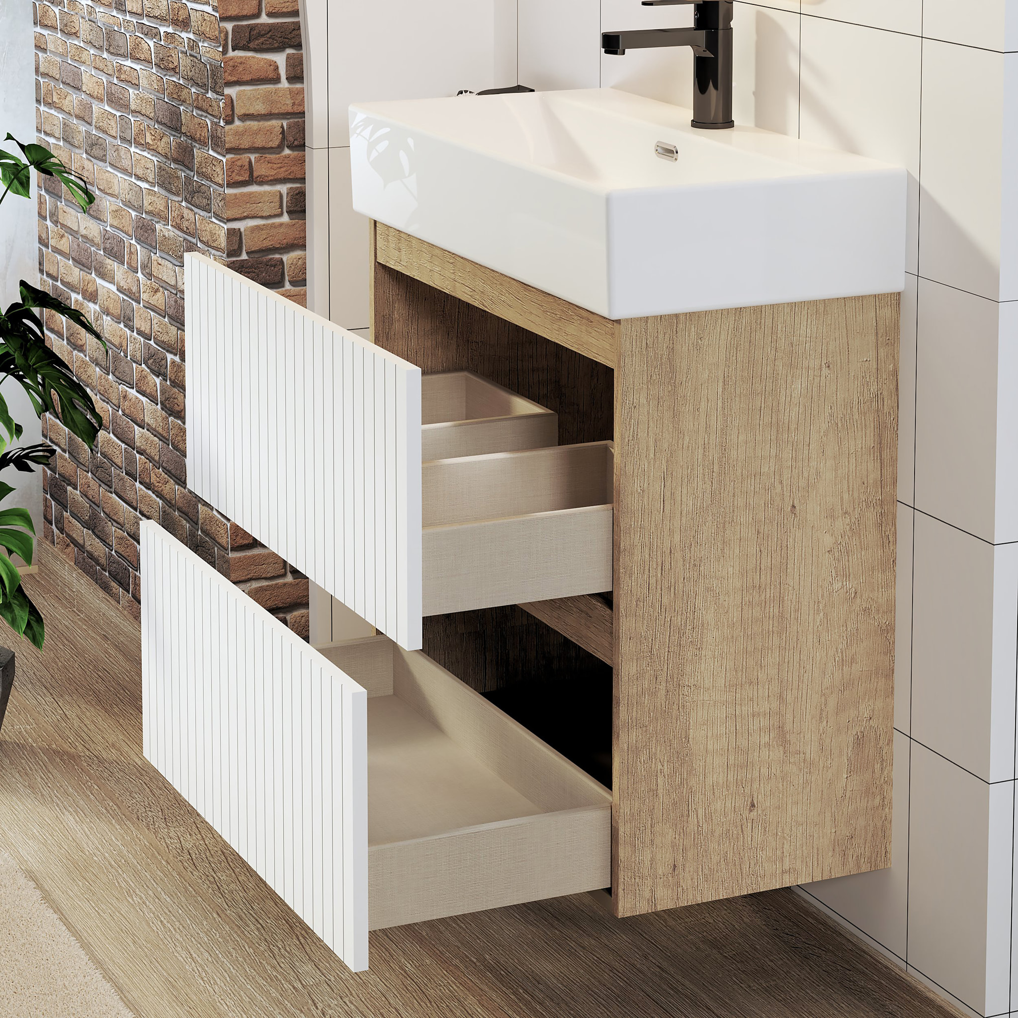 Conjunto de Baño Zel | Mueble Suspendido | 70 cm Blanco | Dos Cajones | Lavabo Encastrado | No incluye Espejo | Mueble Montado| Alday
