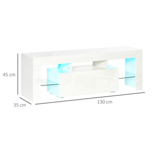 Meuble TV LED style contemporain - grand tiroir, niche, 2 étagères verre - panneaux particules MDF blanc laqué