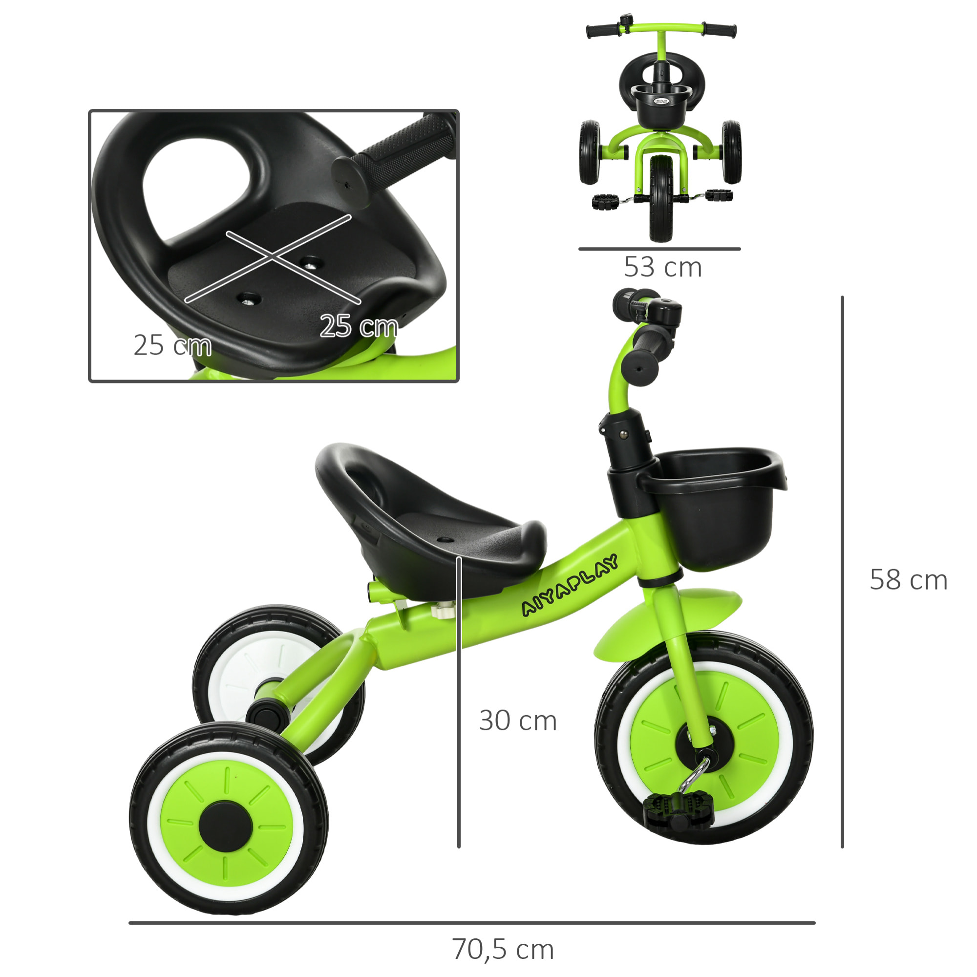 Tricycle enfant multi-équipé garde-boue sonnette panier pédales antidérapantes siège réglable avec dossier métal vert