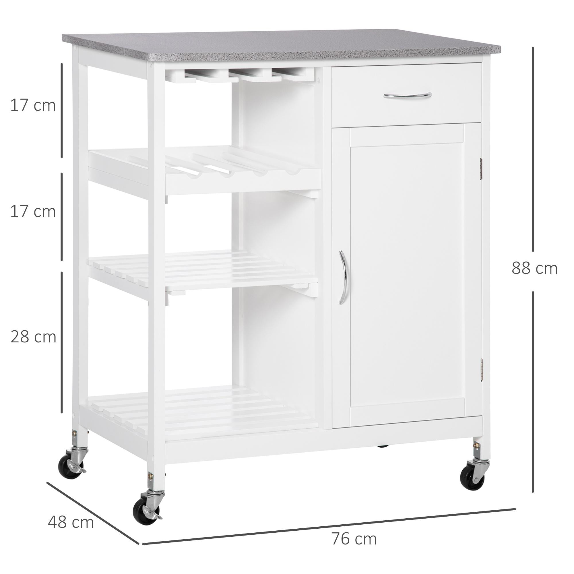 Carro de Cocina con Ruedas Carrito de Servicio con 1 Cajón Estantes Extraíbles Botellero para 4 Botellas y Armario para Comedor Salón Carga 40 kg 76x48x88 cm Blanco