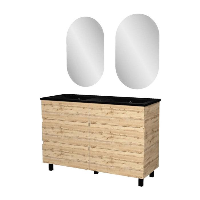Meuble Salle de Bains 120cm 6 Tiroirs Chêne Naturel + Vasque Noire et Miroirs Ovales