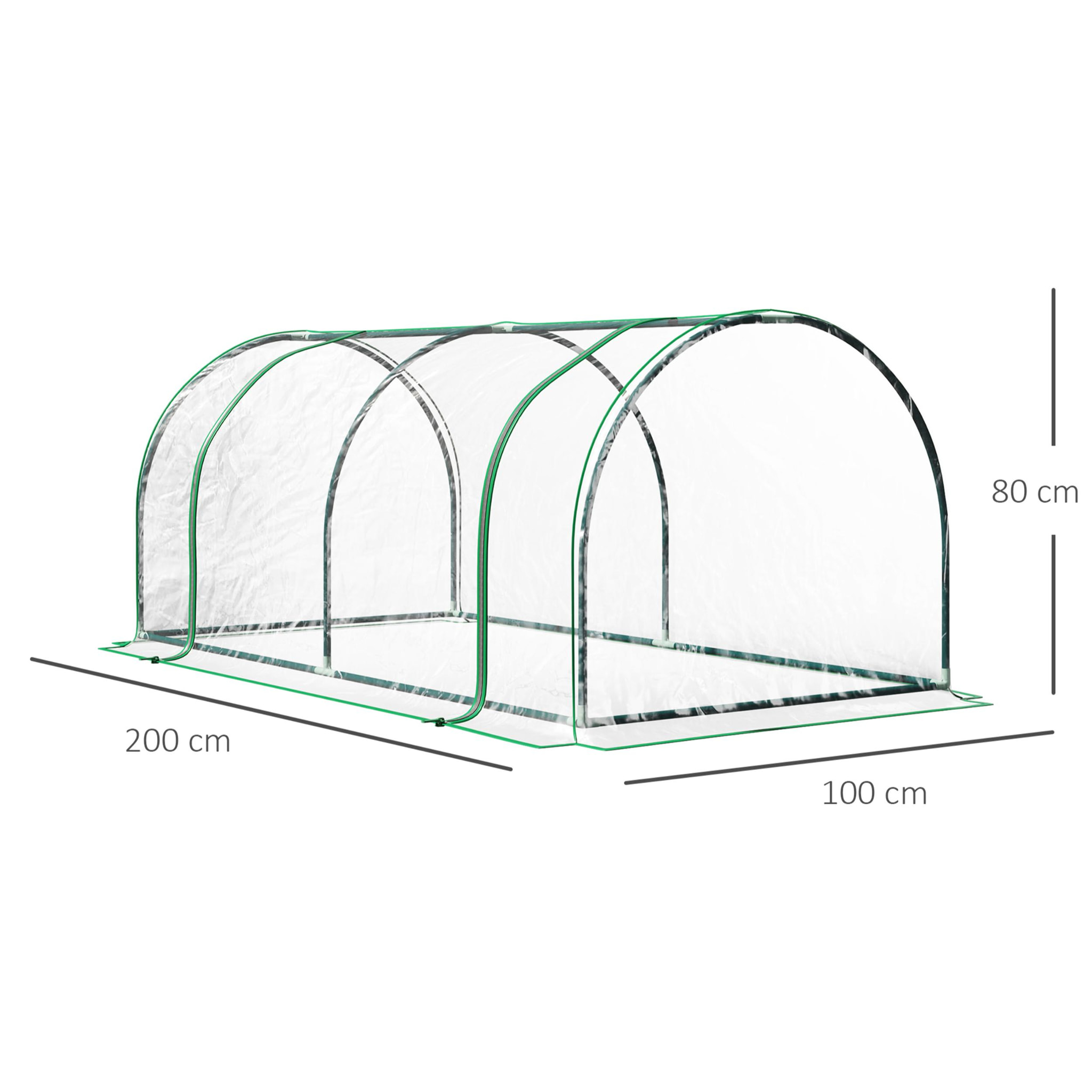 Serre de jardin tunnel serre à tomates dim. 2L x 1l x 0,8H m 2 portes zippées bâche PVC transparent acier époxy vert