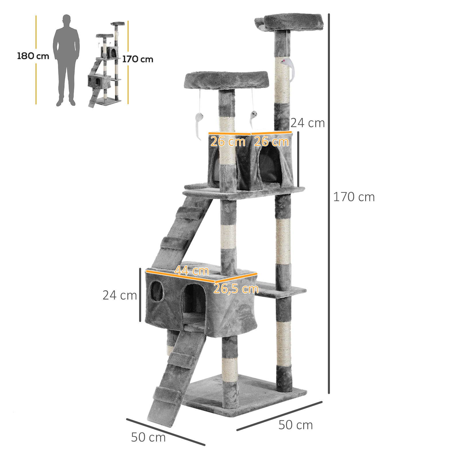 árbol Rascador para Gatos Grande 49x49x173 cm con Múltiples Niveles con Cuevas Escaleras Juguetes Colgantes Camas Centro Actividades Sisal Gris