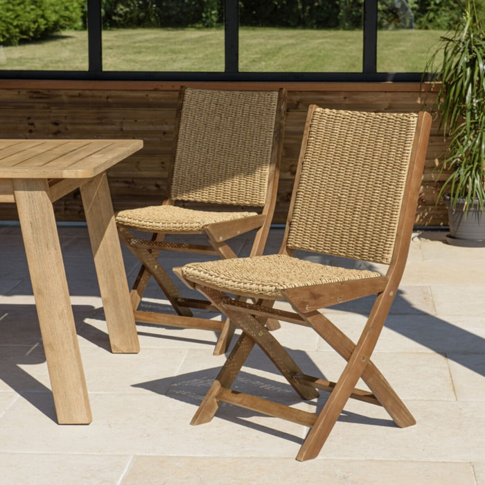 VICK - Lot de 2 chaises pliantes acacia huilé et rotin synthétique