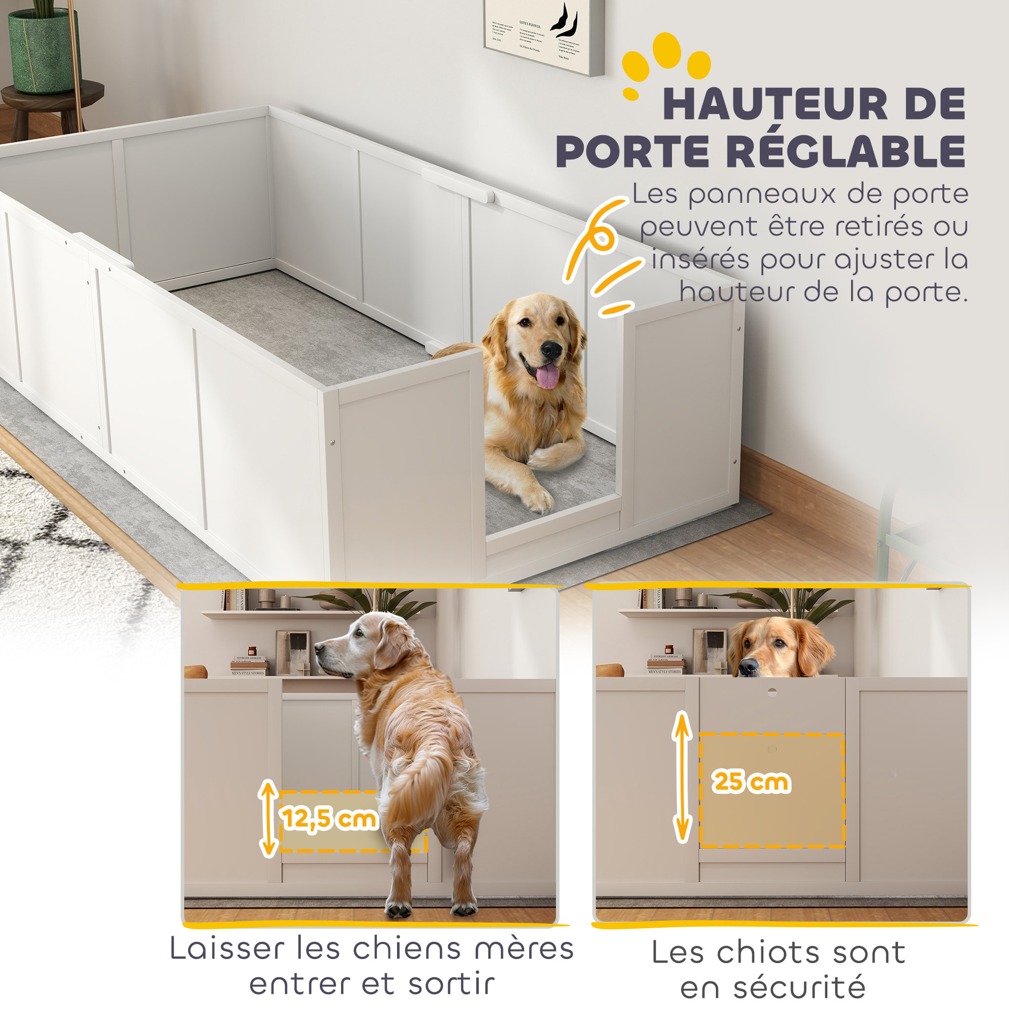 Parc de mise bas pour chien - caisse de mise bas pour chien - hauteur porte réglable - bois pin MDF blanc