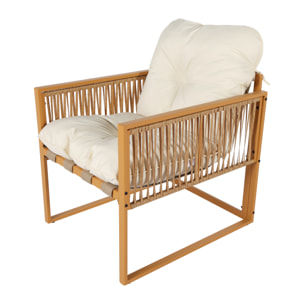 FORLI Salon de jardin 4 places effet rotin coussins blancs