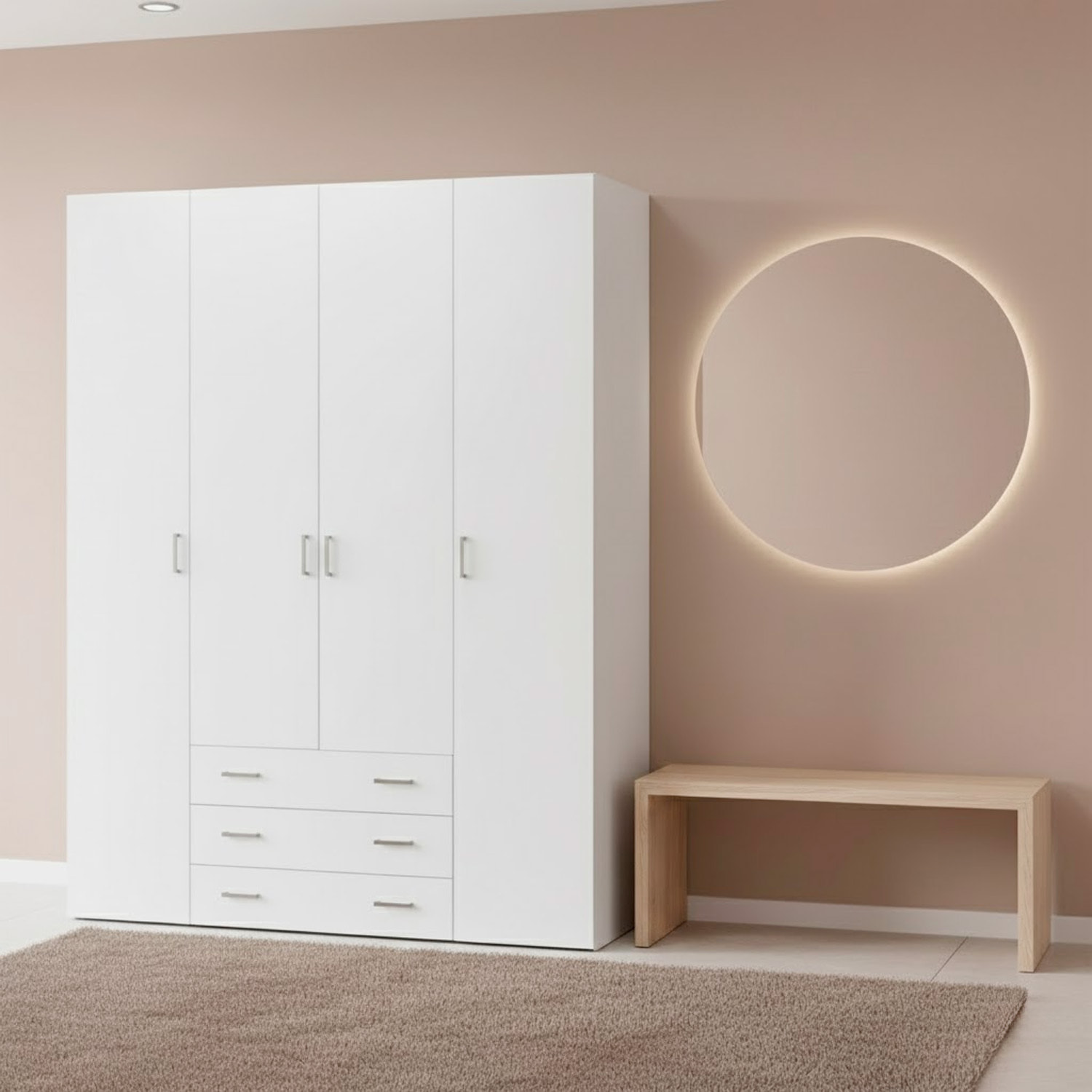 Armadio Guardaroba Con 4 Ante E 3 Cassetti Design Moderno Ampio Vano Con Barra Appendiabiti e Ripiani Salvaspazio Abiti 154 x 49.5 x 200.4 Cm Bianco