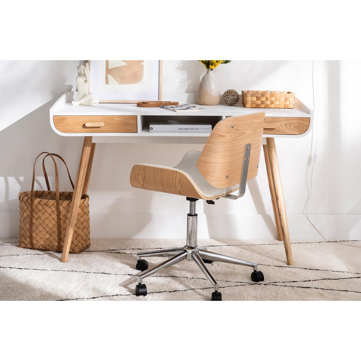 Chaise de bureau à roulettes design blanc, bois foncé noyer et