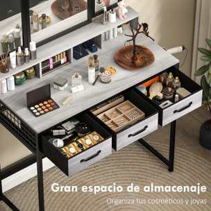 Tocador de Maquillaje con Espejo Tríptico Desmontable, Tocador con Taburete, 3 Cajones de Tela, Estantes, Soporte para Secador de Pelo, Cesta Metálica, para Dormitorio, Vestidor, Gris