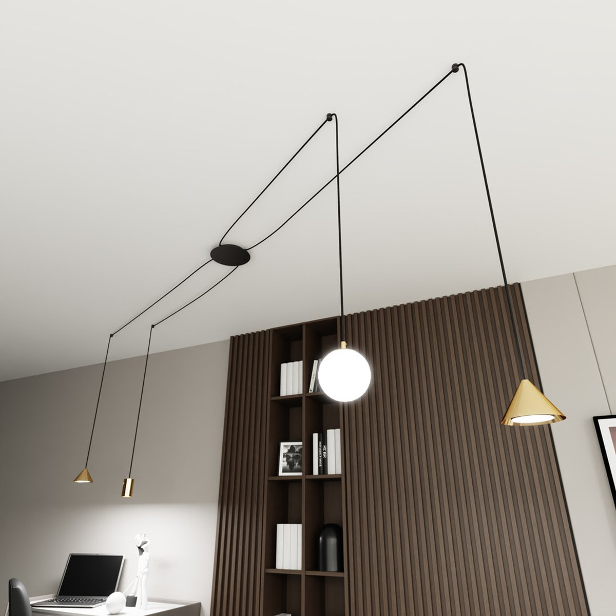 Lampada a sospensione Fuji in acciaio oro e nero