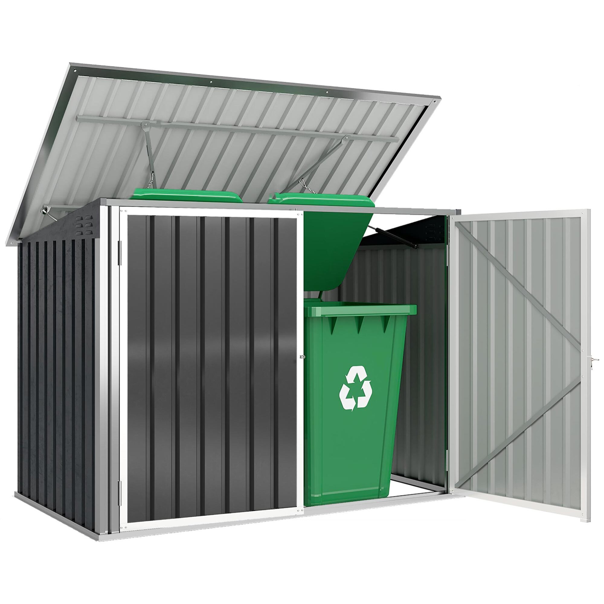Cobertizo para Contenedor de Basura Doble, Caseta para Cubo de Basura de Acero Galvanizado con Tapa Abatible y Puertas Doble, para Jardín, Exterior, 179,5x108x129,5 cm, Gris Oscuro