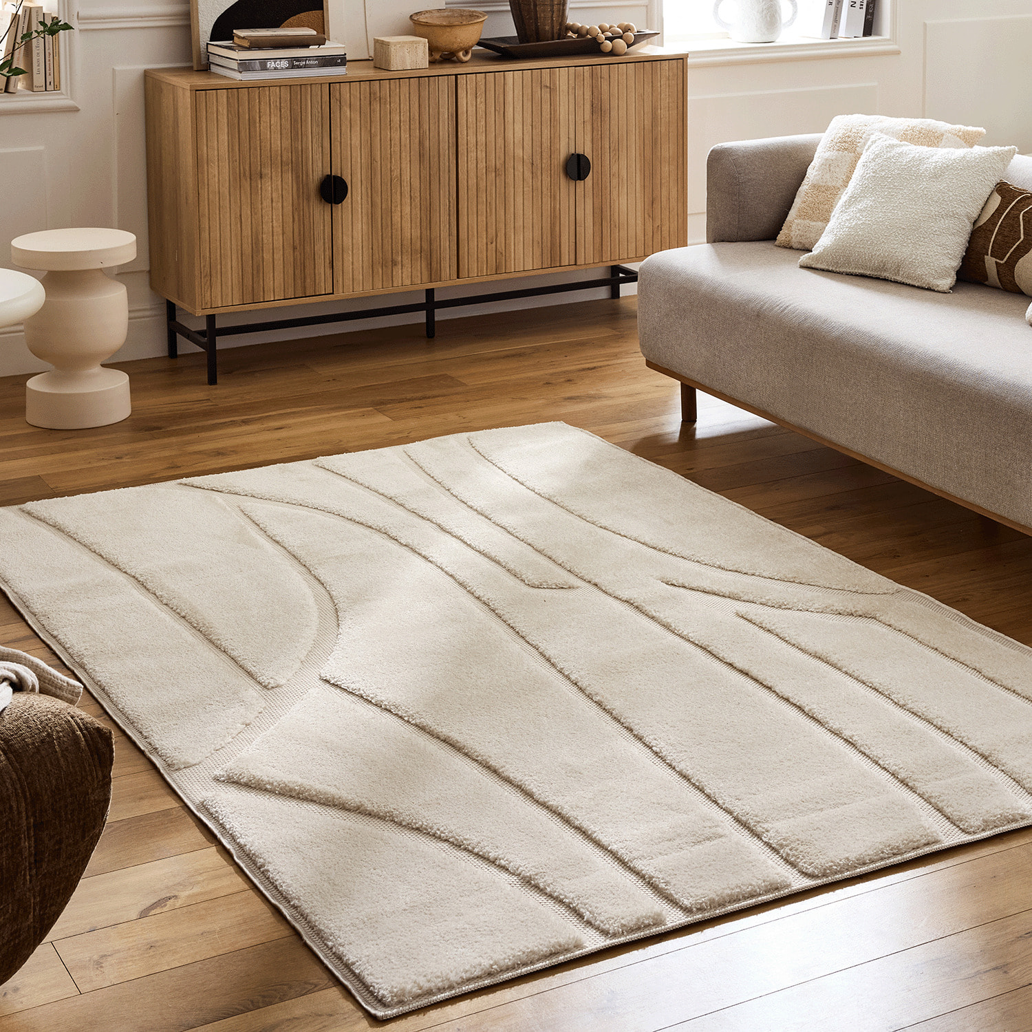 ROMY - Tapis de salon texturé en relief crème - ROM505CRE