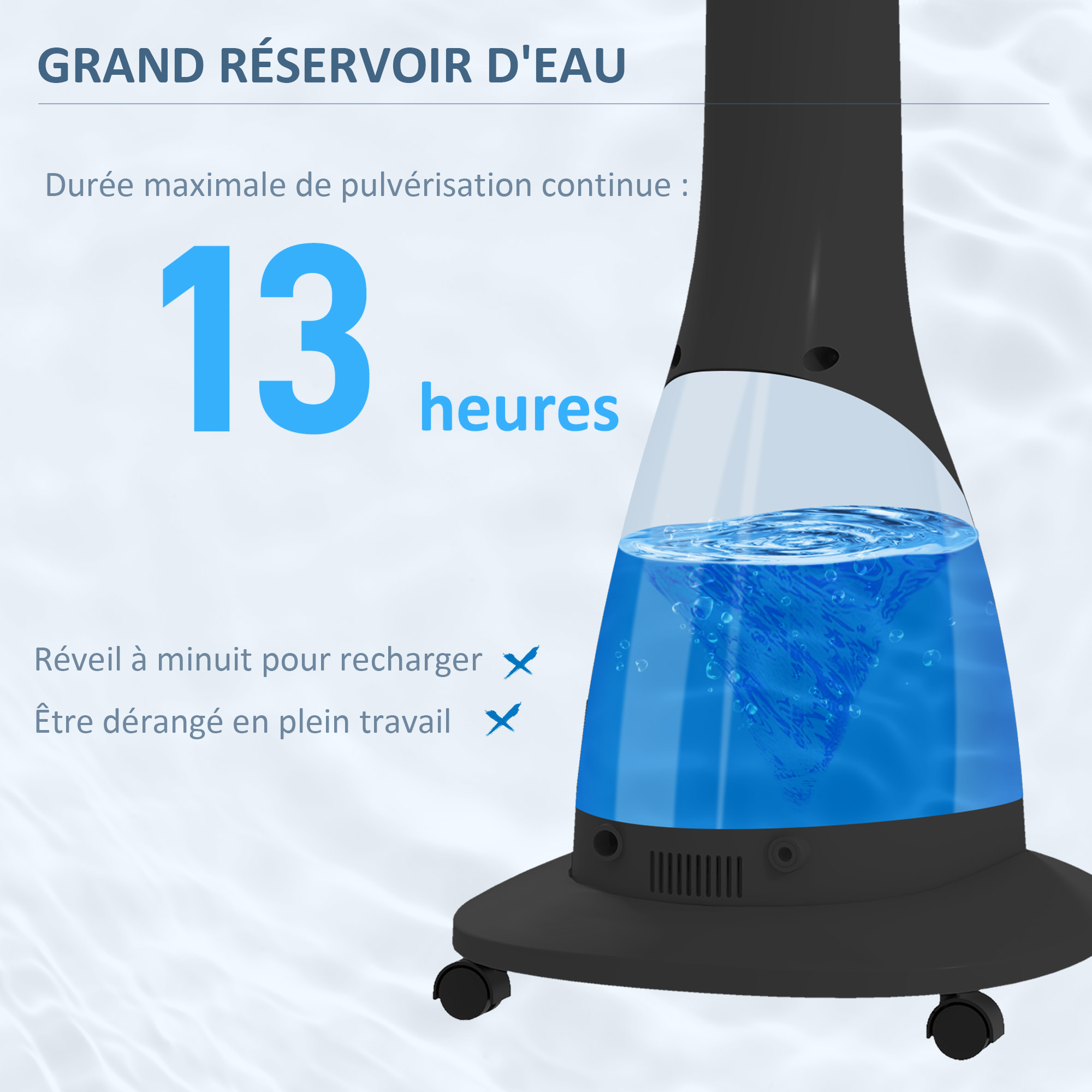 Ventilateur brumisateur oscillant inclinable sur pied roulettes 90W H.125 cm avec télécommande