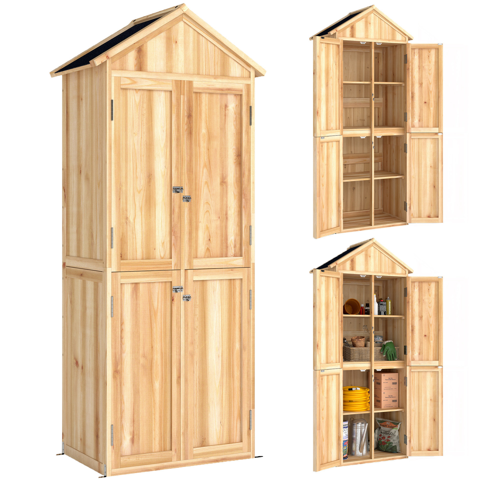Armoire de jardin bois 4 portes 4 niv. rangement toit double pente bitumé