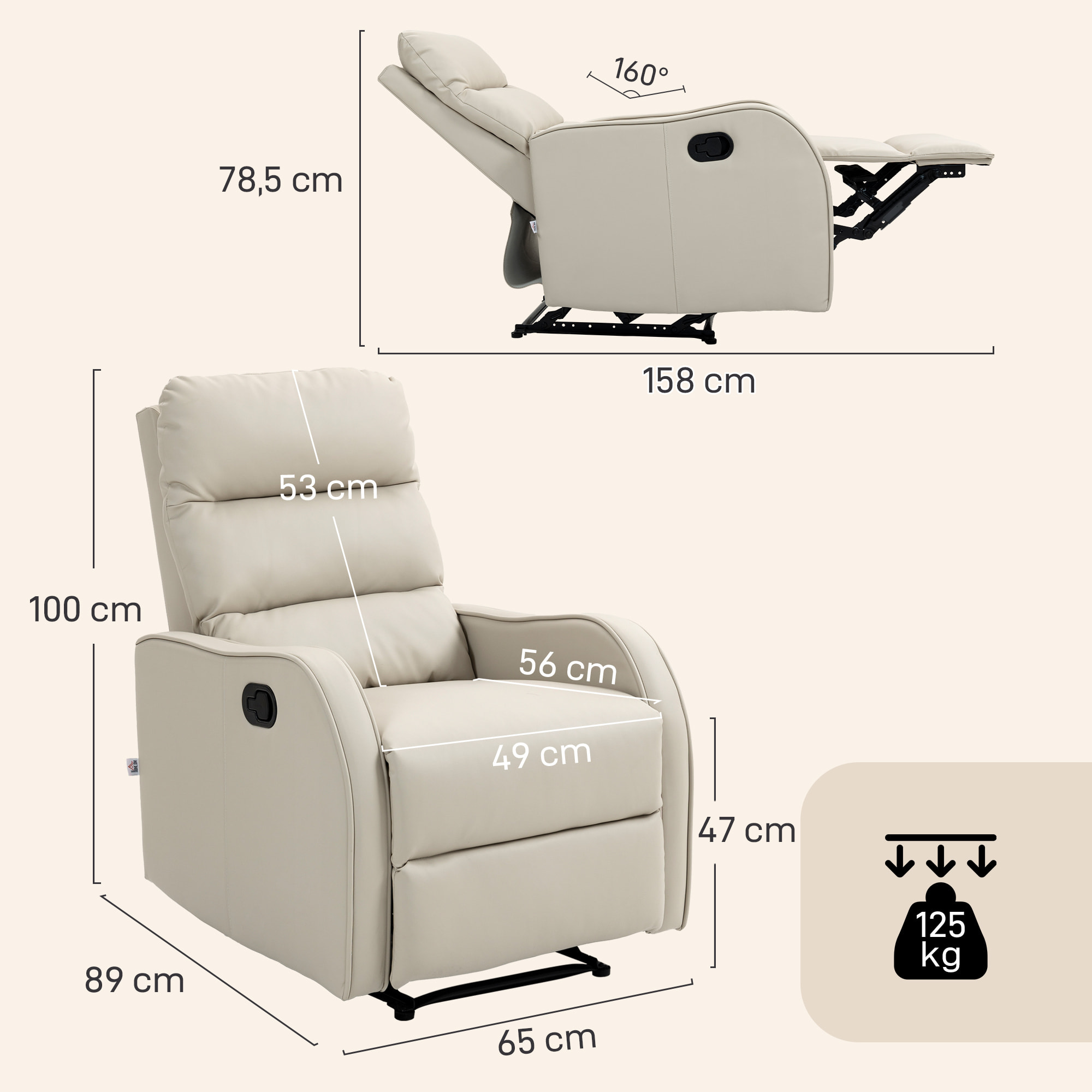 Sillón Relax Reclinable Manual, Sillón Relax Tapizado en PU con Reposapiés Retráctil, Acolchado Grueso, Butaca Reclinable hasta 160º, para Salón, Dormitorio, Crema