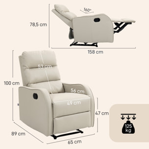 Sillón Relax Reclinable Manual, Sillón Relax Tapizado en PU con Reposapiés Retráctil, Acolchado Grueso, Butaca Reclinable hasta 160º, para Salón, Dormitorio, Crema