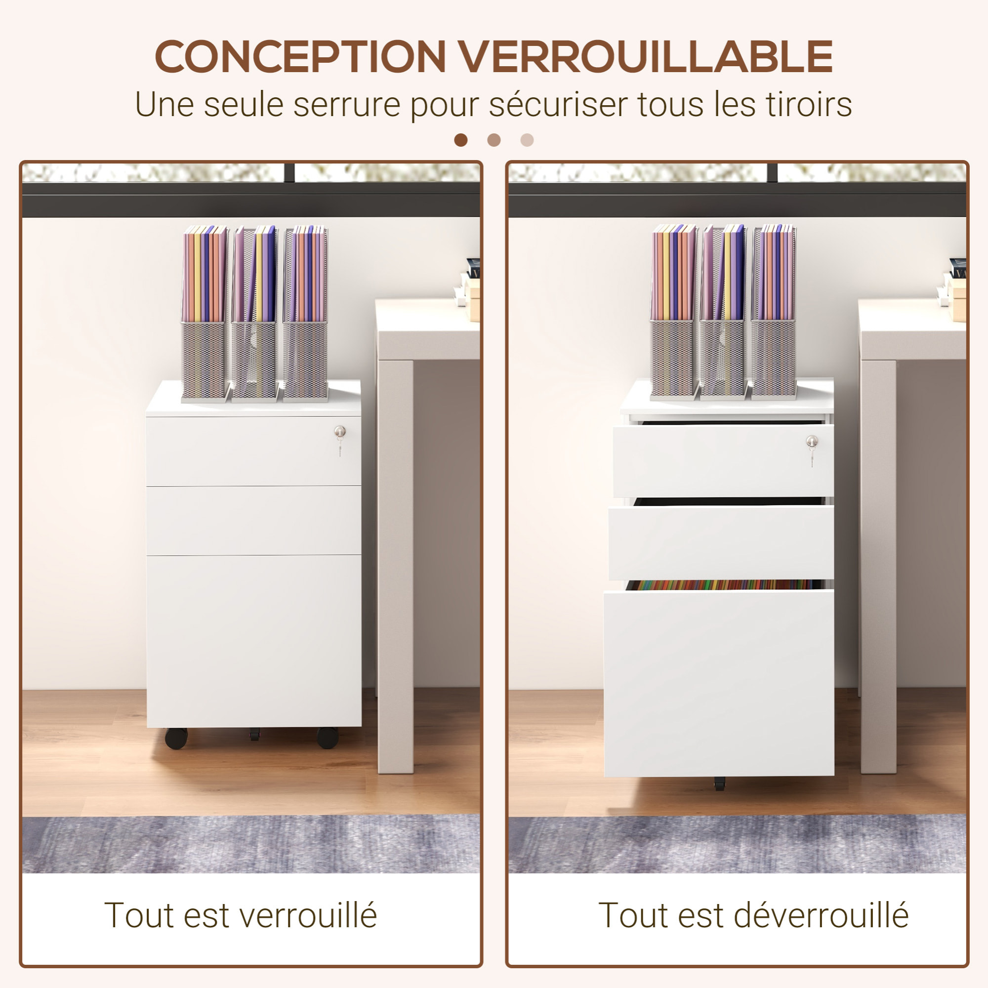 Caisson de bureau rangement bureau sur roulettes 3 tiroirs coulissants verrouillables trieur à dossiers acier blanc