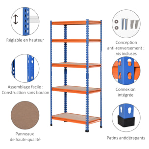 Rayonnage charges lourdes ou volumineuses - étagère garage - 5 tablettes réglables en hauteur - métal bleu orange MDF