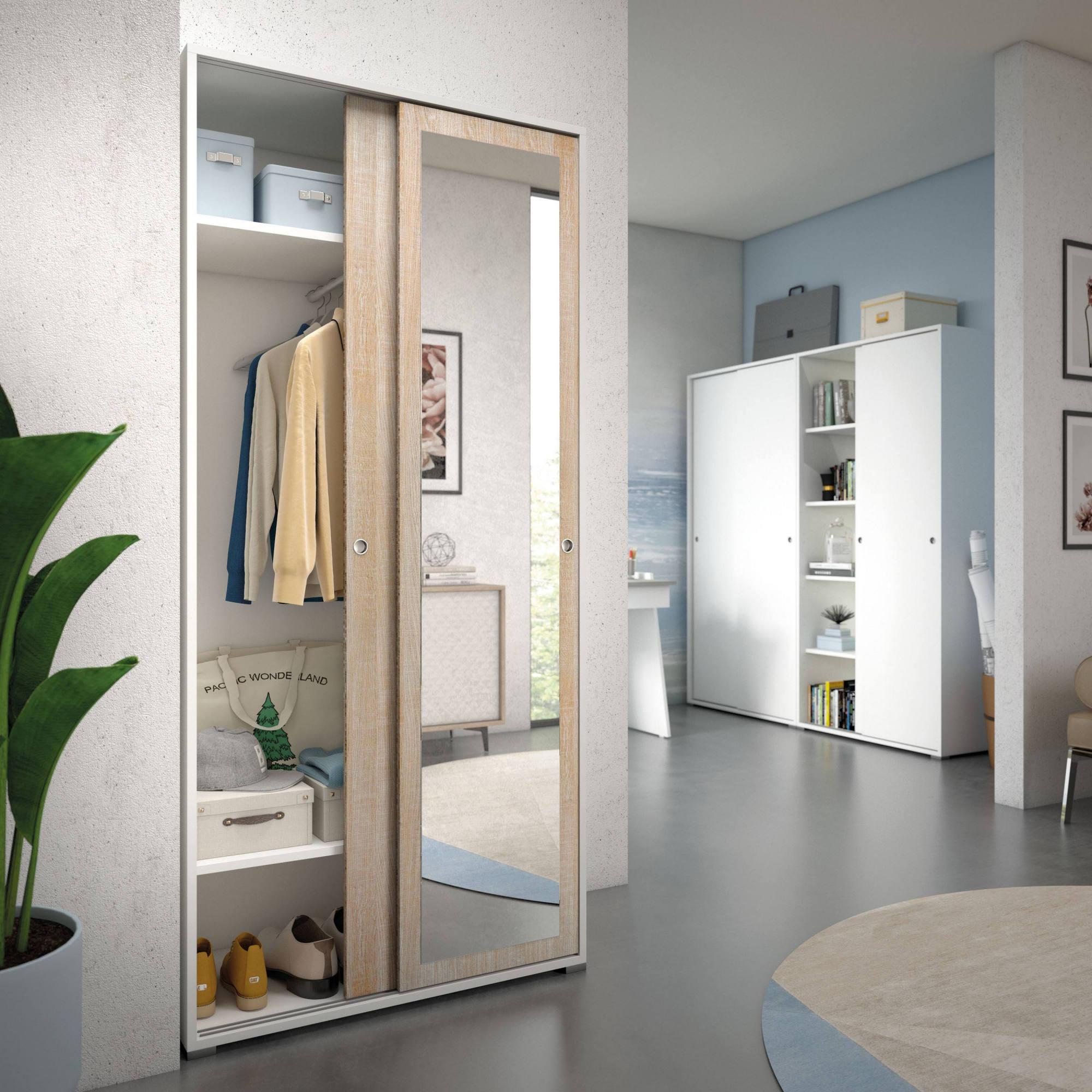 Guardaroba Tulipano, Armadio a 2 ante scorrevoli e specchio, Mobile con barra appendiabiti e ripiani, 100% Made in Italy, Cm 90x45h195, Rovere e Bianco