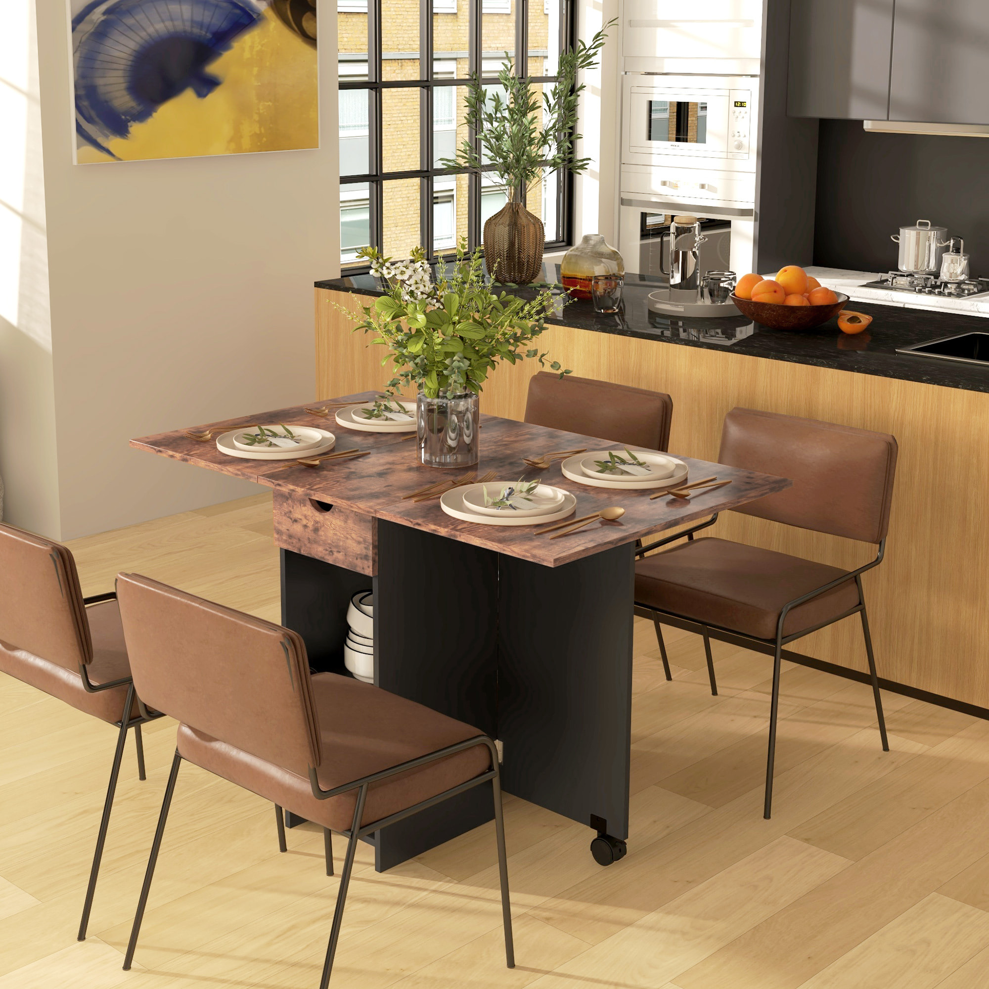 Mesa Plegable de Comedor Mesa de Cocina Plegable con Ruedas Alas Abatibles Cajón y Estantes para 2-4 Personas 120x72x75 cm Marrón Rústico y Negro
