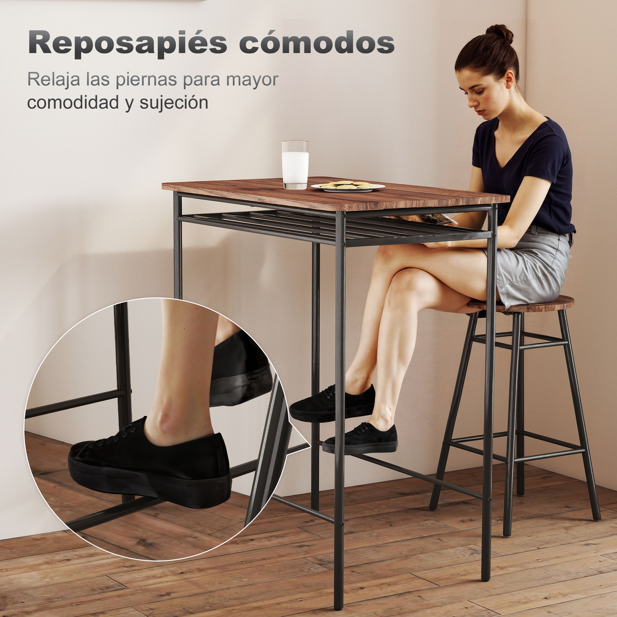 Juego de Mesa y Taburetes de Bar, Mesa Alta de Cocina con 2 Taburetes Industrial, Estante Abierto, Reposapiés, Ahorro de Espacio, para Espacios Reducidos, Comedor, Salón, Marrón