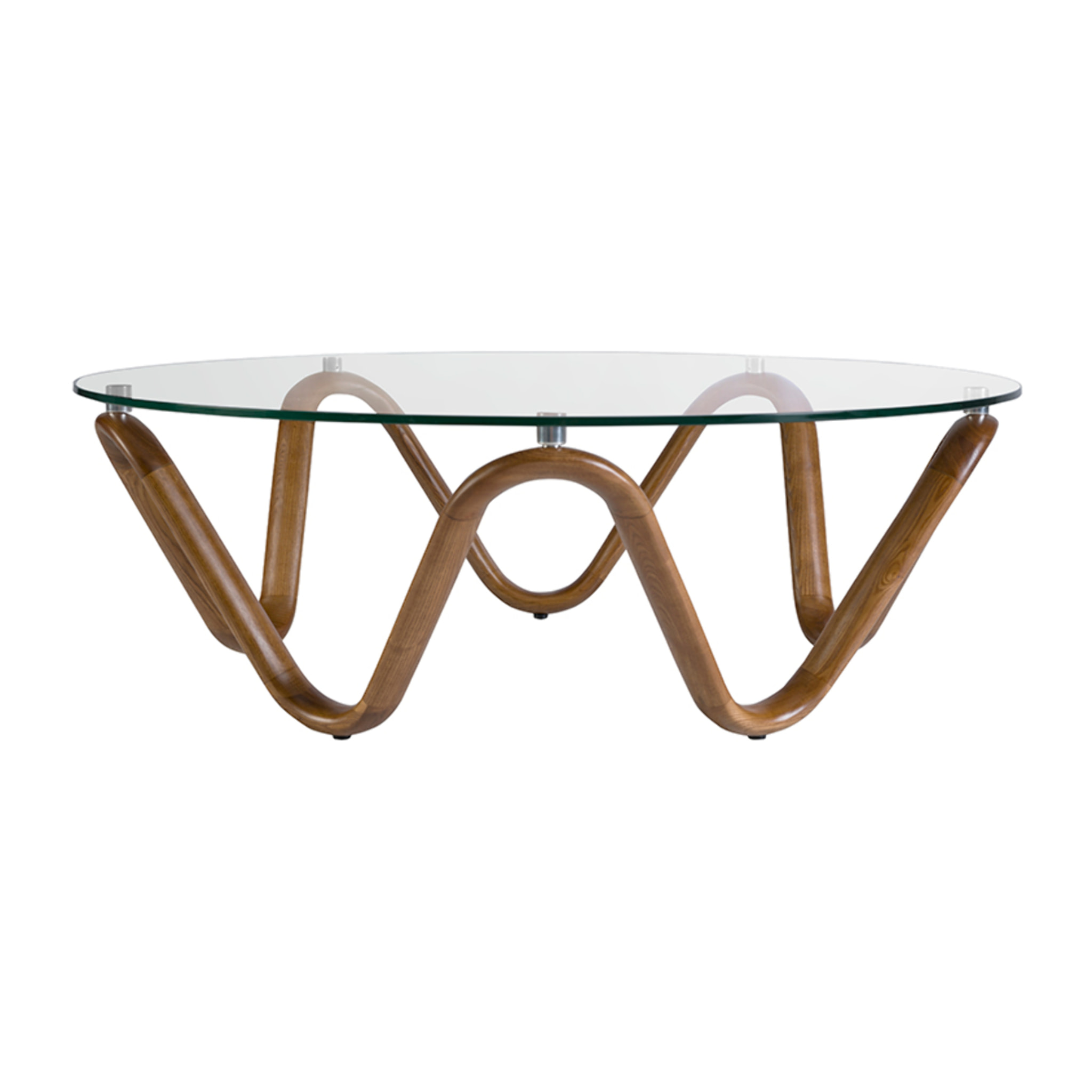 Mesa centro redonda con tapa de cristal templado y patas de madera en nogal 115x115x38cm