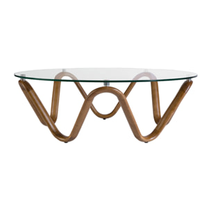 Mesa centro redonda con tapa de cristal templado y patas de madera en nogal 115x115x38cm