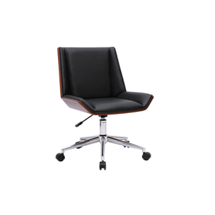 Chaise de bureau à roulettes design noire, bois foncé et acier chromé MELKIOR