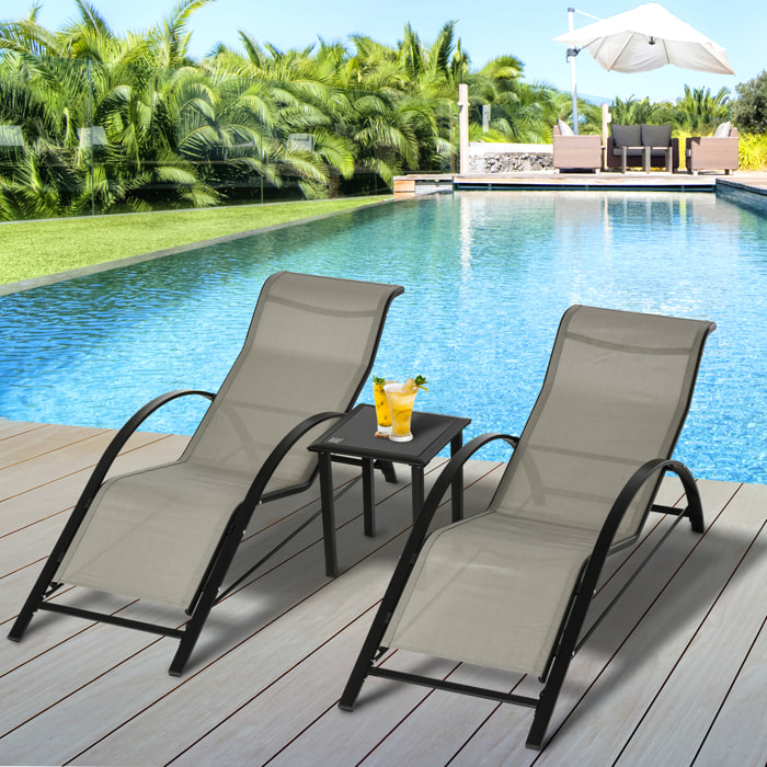 Set de 2 Tumbonas Jardín Exterior con Mesa Auxiliar de Vidrio Templado Tumbonas con Respaldo Reposabrazos para Patio Piscina Terraza Exterior Gris