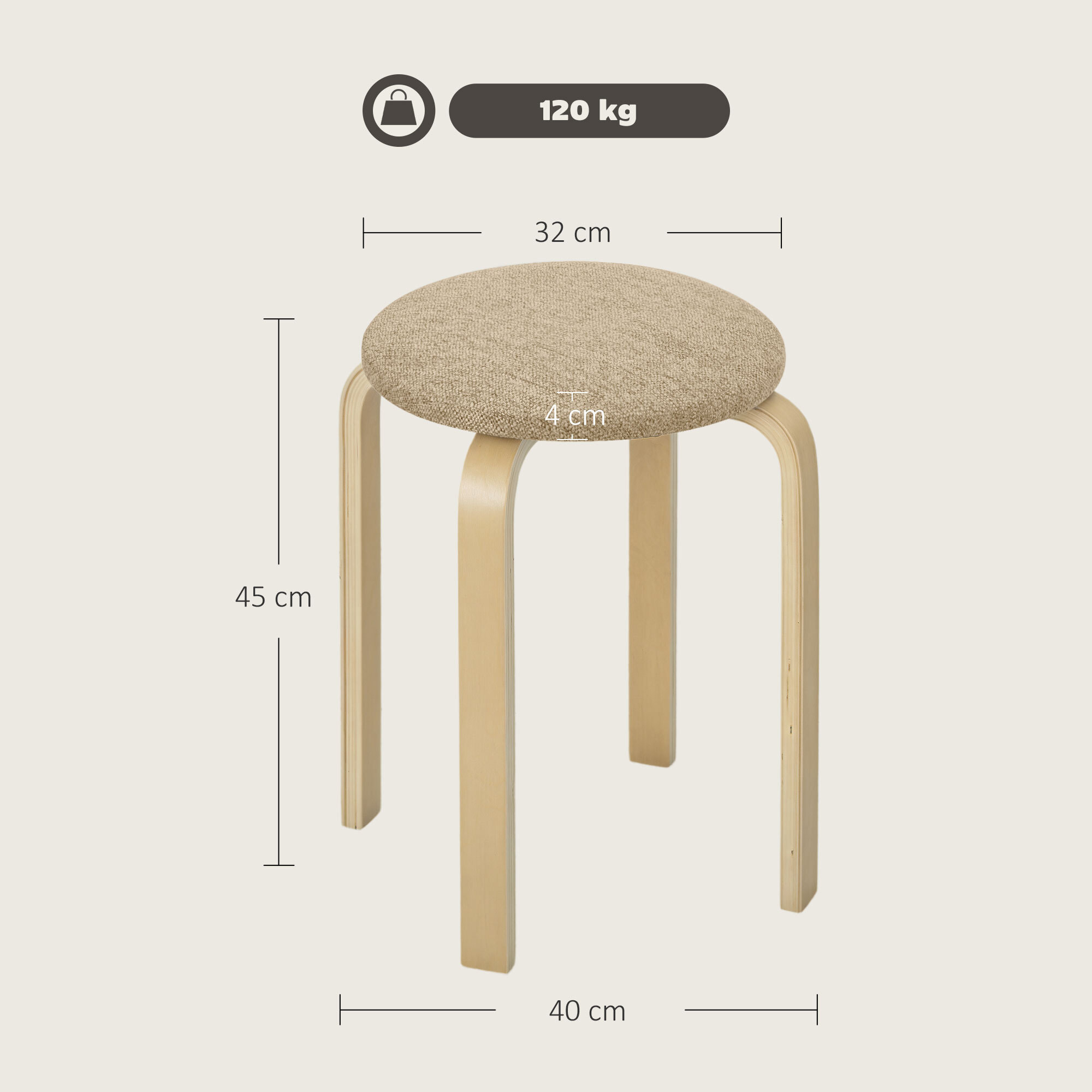 Juego de 4 Taburetes Apilables Redondos Taburetes Bajo de Cocina de Madera con Asiento Acolchado para Comedor Dormitorio Oficina Salón Caqui y Natural