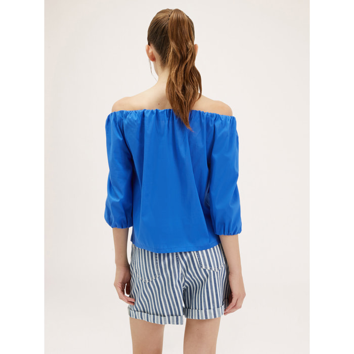 Motivi - Blusa con escote elástico y hombros descubiertos - Azul aciano