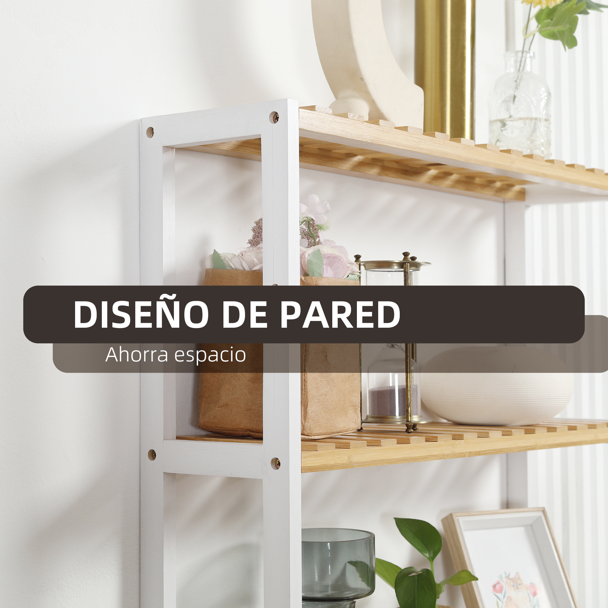 Estantería de Pared de Bambú Balda de Pared de 3 Niveles Estante Flotante para Salón Dormitorio Cocina Baño 60x15x54 cm Natural y Blanco